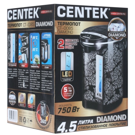5. Термопот Centek CT-0085 DIAMOND 4.5л, 850Вт, LED-подсветка, большое окно, 2 способа подачи воды