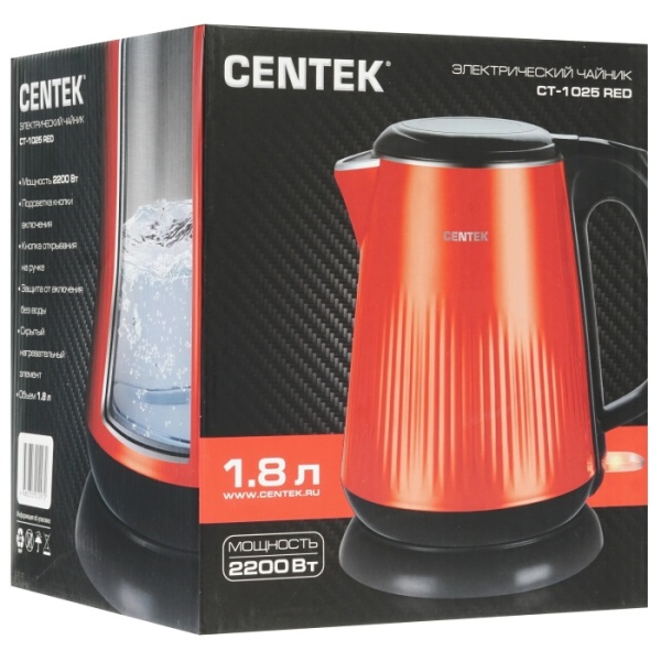 5. Чайник Centek CT-1025 металл 1.8л, 2200W, двойные стенки, кнопка откр. на ручке