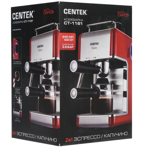 5. Кофеварка Centek CT-1161 эспрессо, капучинатор, 800Вт, 240мл, 3,5 Бар, фильтр, подогрев