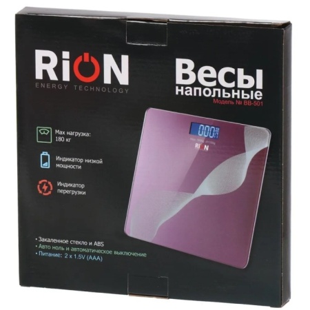 3. Весы напольные электронные, Rion, Спорт BB-501, стекло, до 180 кг, LCD-дисплей